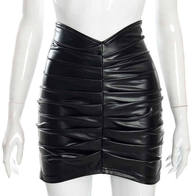 OM- 2025 Trendy Solid Color Pleated PU Bodycon Skirt Women's Short Skirt